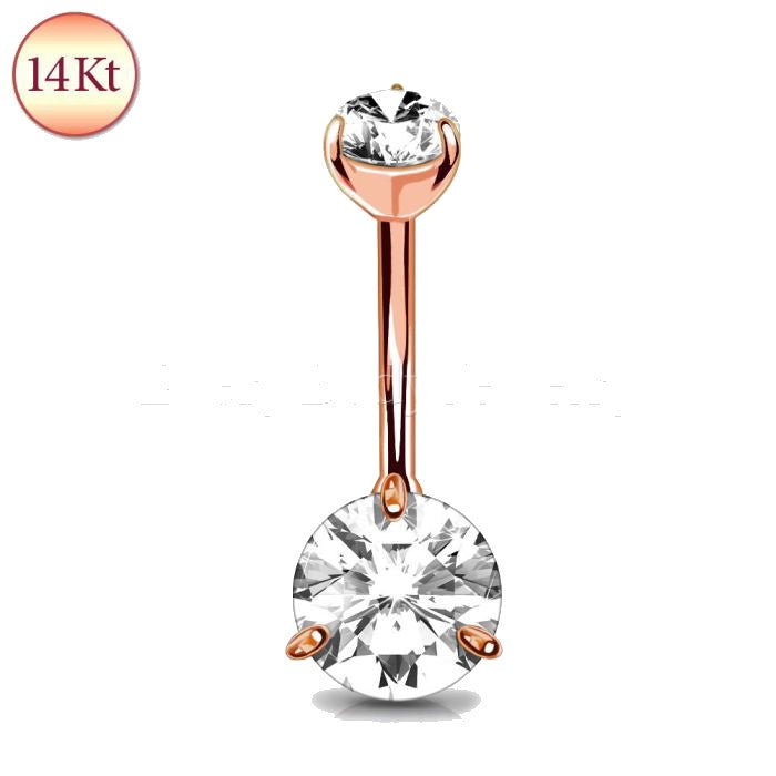 14kt rose gold navel ring with prong set clear round CZ stones from Fashion Hut Jewelry in the Jewelry collection shown on a white background