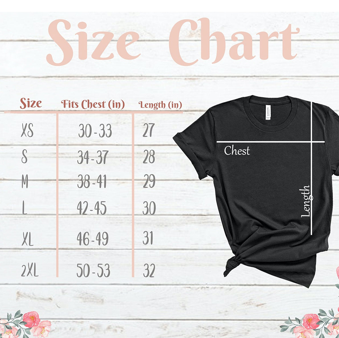 Black unisex t-shirt displayed beside a size chart with chest and length measurements for sizes XS through 2XL