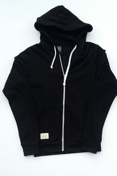 Black unisex bamboo blend zip hoodie with drawstring hood and front pockets for casual outerwear and everyday layering