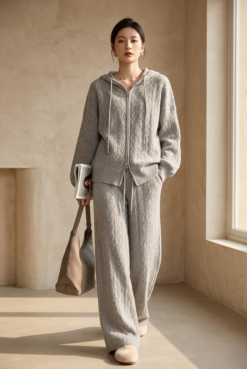 Cable Knit Zip-Up Hooded Cardigan and Wide-Leg Pants Sweater Set